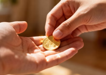Main dorée transmettant une pièce d'or à une autre main.