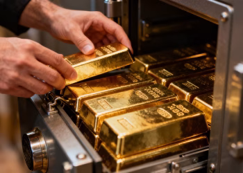 Mains plaçant des lingots d'or dans un coffre-fort.