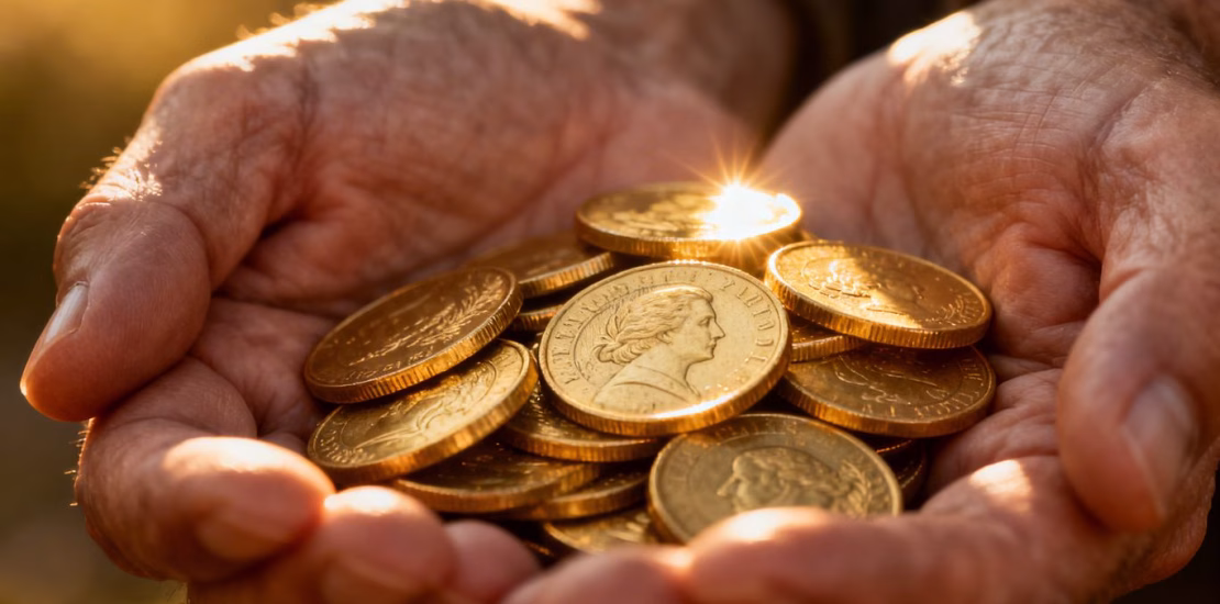 يد مستثمر تحمل عملات ذهبية لامعة.