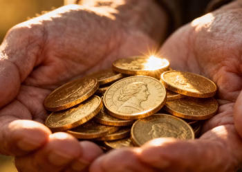 Main d'investisseur tenant des pièces d'or brillantes.