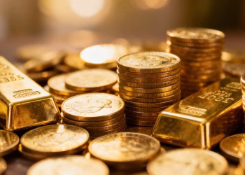 Lingots et pièces d'or brillants empilés.