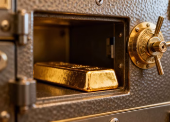 Coffre-fort avec une barre d'or à l'intérieur.