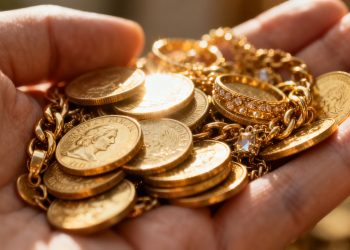 Main d'or tenant des pièces d'or et des bijoux.