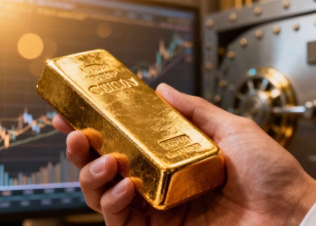 Main d'un homme tenant une barre d'or.