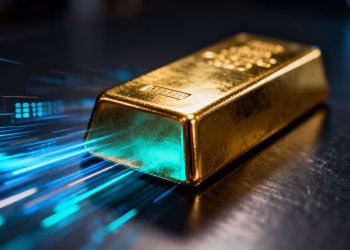 Lingots d'or et flux de données numériques rapides.