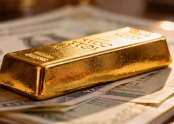Barre d'or et actions, symbole d'investissement et d'inflation.