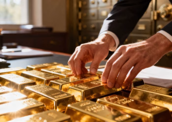 Mains tenant des lingots d'or brillants dans un coffre-fort.