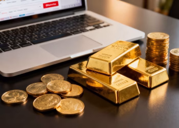 Lingots et pièces d’or sur une table avec un ordinateur