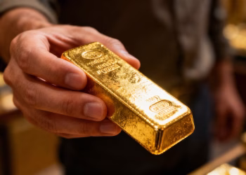 Main d'une personne tenant une barre d'or.