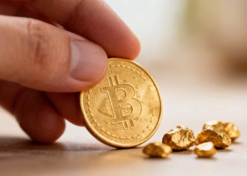 Main d'or tenant une pièce d'or brillante.