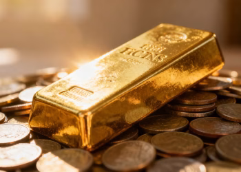 Barre d'or sur des pièces de monnaie