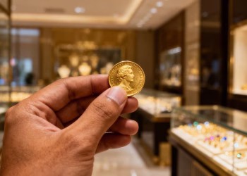Main d'or tenant une pièce d'or dans une bijouterie.