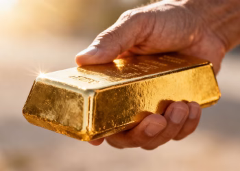 Main tenant une barre d'or brillante.