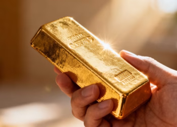 Main d'or tenant une barre d'or brillante.