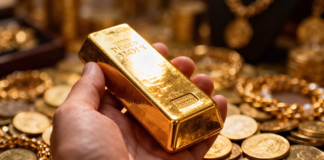 Main d'or tenant une barre d'or brillante, entourée de pièces.