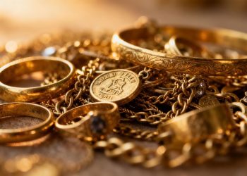 Bijoux en or anciens empilés, brillants sous la lumière.