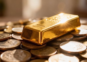 Barre d'or sur des pièces, symbole d'investissement.