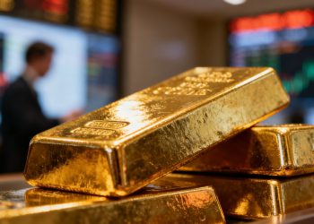 Lingot d'or brillant sur fond flou.