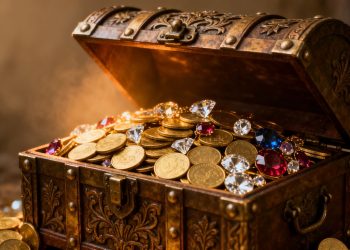 Coffre au trésor rempli d'or et de bijoux.