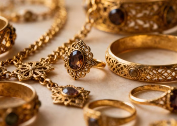 Bijoux anciens en or 18 carats, photographiques et détaillés.