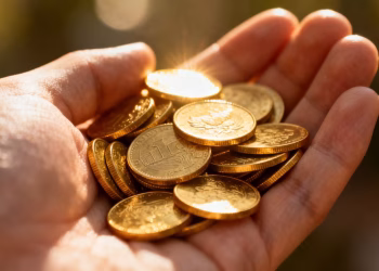 Main d'or tenant des pièces d'or brillantes.