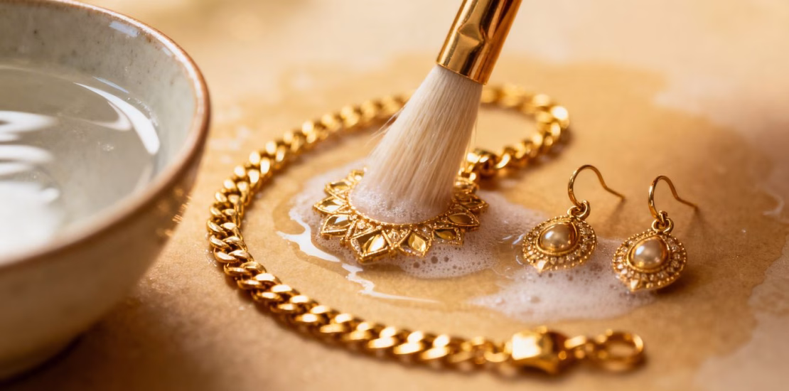 Nettoyage de bijoux en or avec une brosse douce.