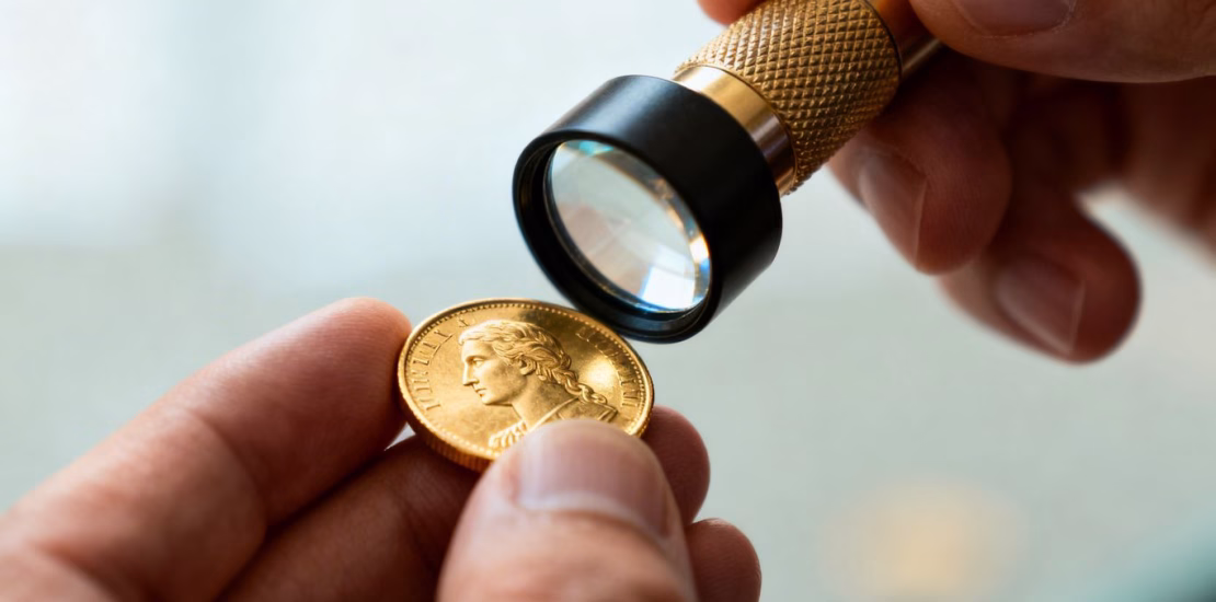 Main d'or tenant une pièce d'or avec une loupe.