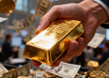 Main d'or tenant une barre d'or brillant.