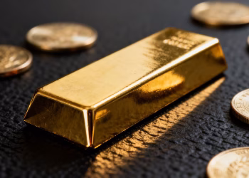 Barre d'or brillante sur fond sombre avec des pièces.