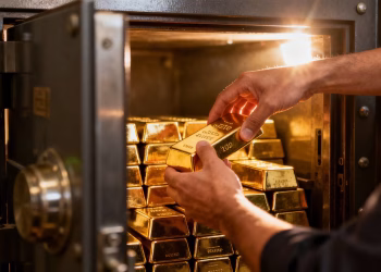 Mains plaçant des lingots d'or dans un coffre-fort sécurisé.
