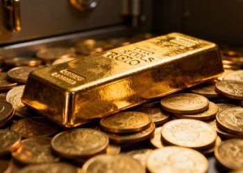 Barre d'or sur des pièces d'or.