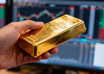 Main d'un trader tenant une barre d'or.