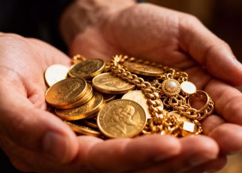 Mains tenant des pièces d'or et des bijoux.