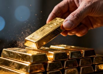 Main d'or plaçant une barre d'or sur une pile.