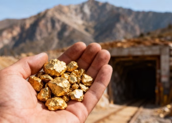 Main d'or tenant des pépites d'or près d'une mine.
