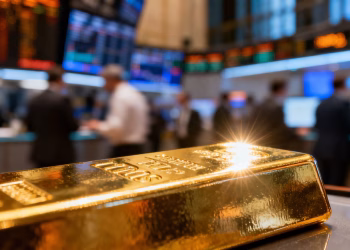 Barre d'or brillante sur fond de salle de marché