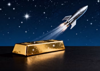 Barre d'or et fusée spatiale dans le ciel étoilé.