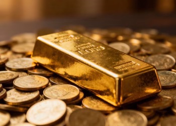 Barre d'or sur des pièces d'or.