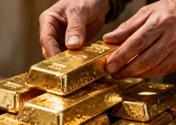 Main d'une personne plaçant une barre d'or sur une pile d'or.