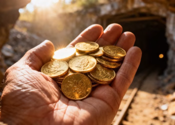 Actions Kinross Gold : pièce d'or et mine.