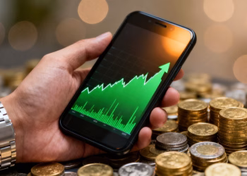 Main d'une personne tenant un smartphone avec un graphique financier.