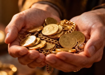 Mains tenant des pièces d'or et des bijoux.
