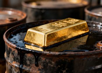 Lingot d'or sur des barils de pétrole brut.