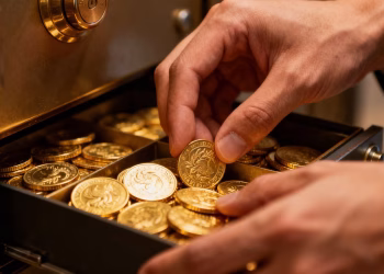 Mains plaçant des pièces d'or dans un coffre-fort.