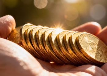 Main d'or tenant des pièces d'or contre l'inflation.