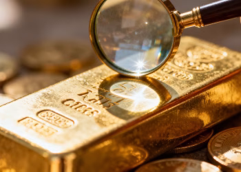 Loupe examinant une barre d'or brillante.