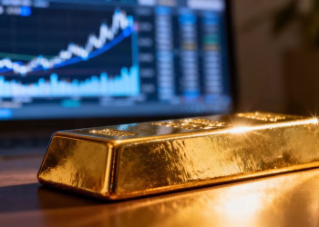 Barre d'or et arrière-plan financier flou.