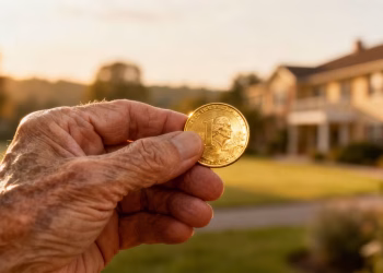 Main d'or tenant une pièce d'or pour la retraite.