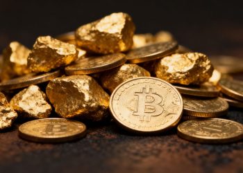 Nuggets et pièces d'or brillant sur fond sombre.