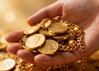 Main d'or tenant des pièces d'or et des bijoux.
